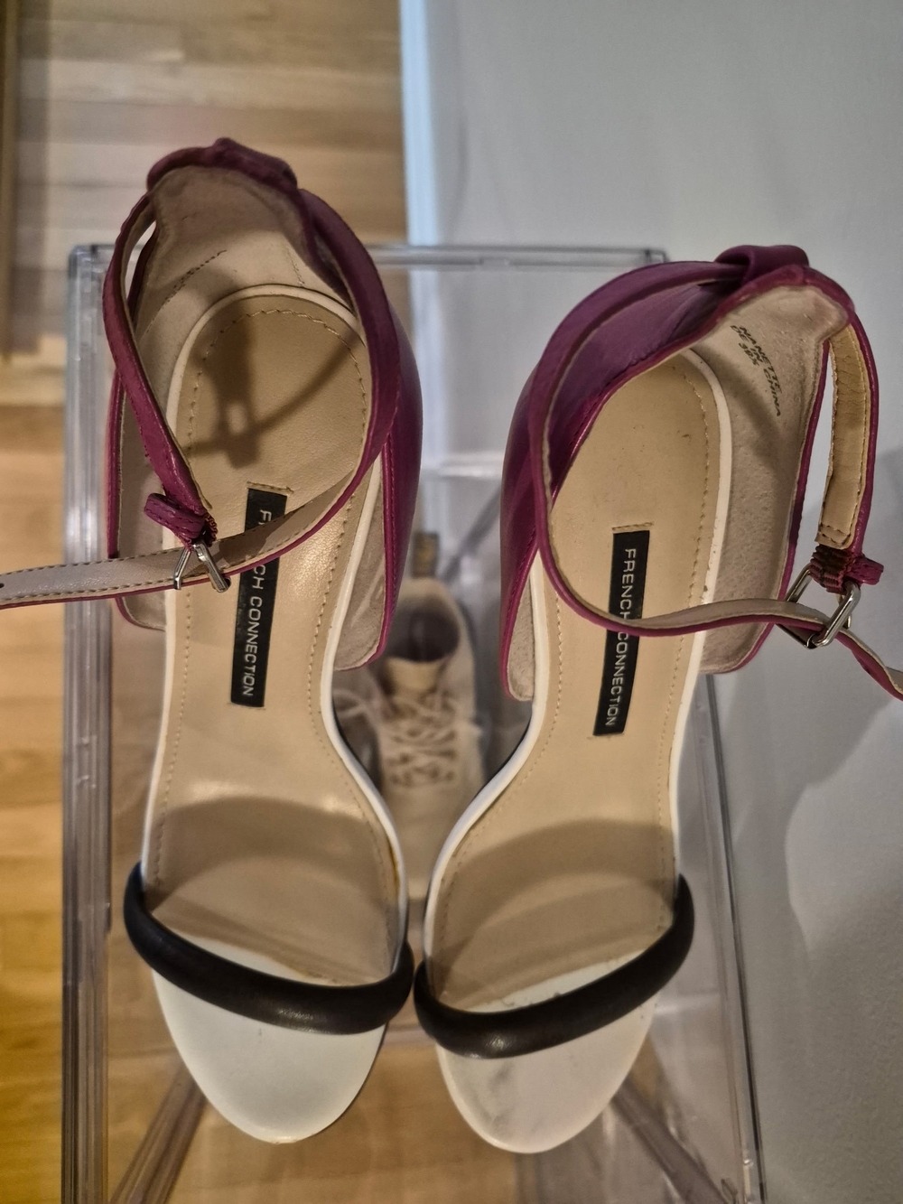 French Connection Two-Tone Ankle Strap Heels in Wine and White